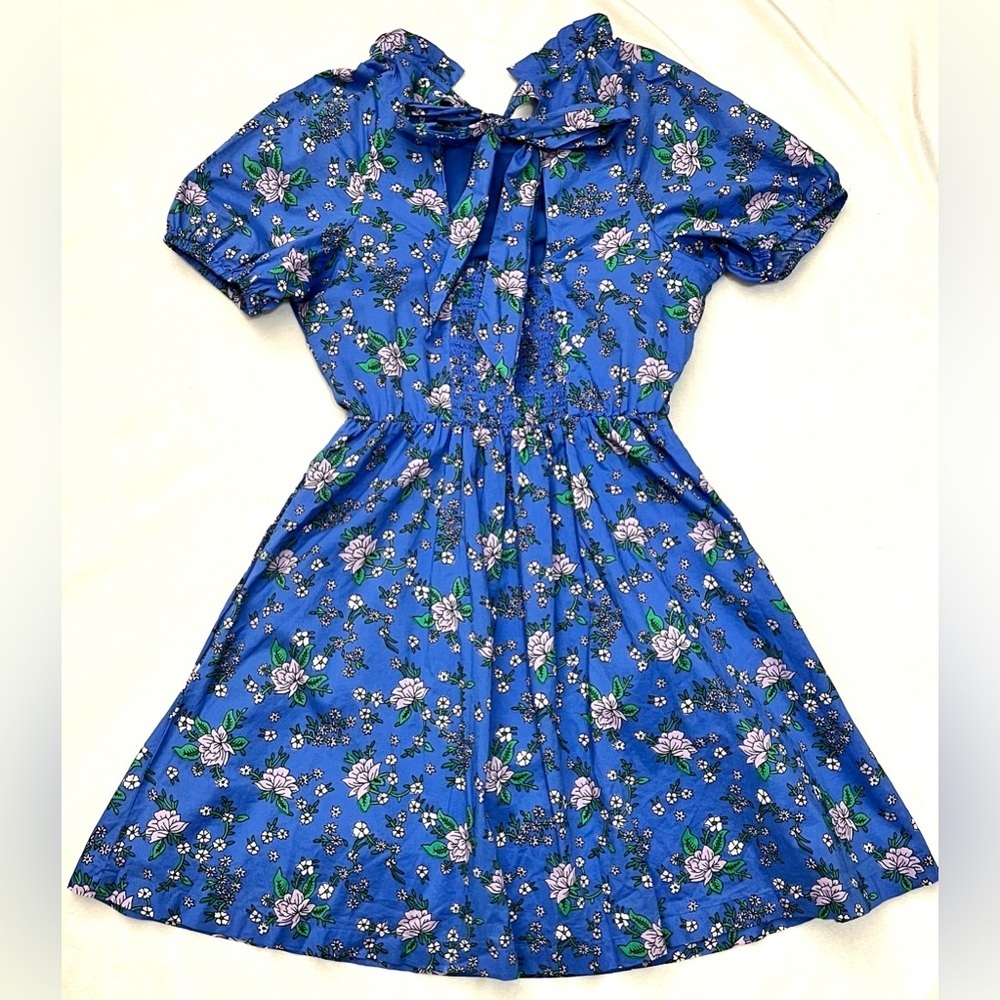 J. Crew Women’s Coastal Blue Tieback Short Sleeve Mini Floral Dress with Ruffle - Picture 12 of 16